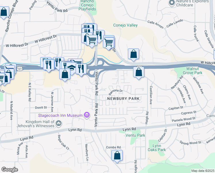 map of restaurants, bars, coffee shops, grocery stores, and more near 1333 Ashton Park Lane in Thousand Oaks