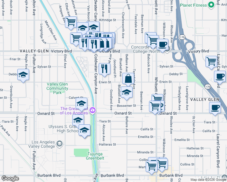 map of restaurants, bars, coffee shops, grocery stores, and more near 6128 Goodland Avenue in Los Angeles