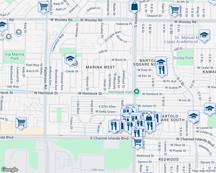 map of restaurants, bars, coffee shops, grocery stores, and more near 1831 Tehama Street in Oxnard