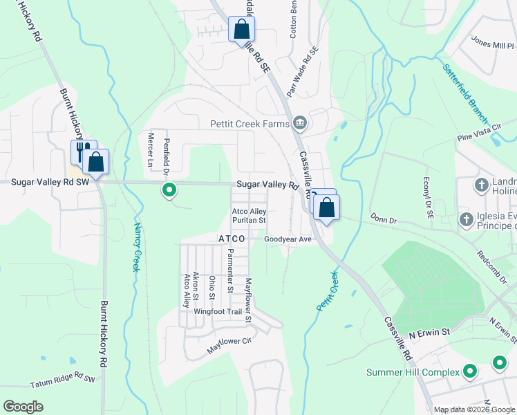 map of restaurants, bars, coffee shops, grocery stores, and more near 6 Defender Street in Cartersville