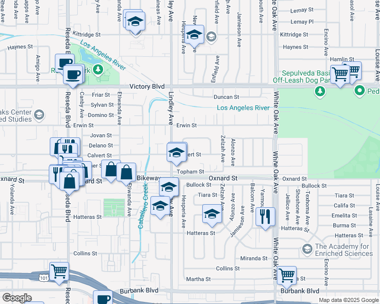 map of restaurants, bars, coffee shops, grocery stores, and more near 6201 Newcastle Avenue in Los Angeles