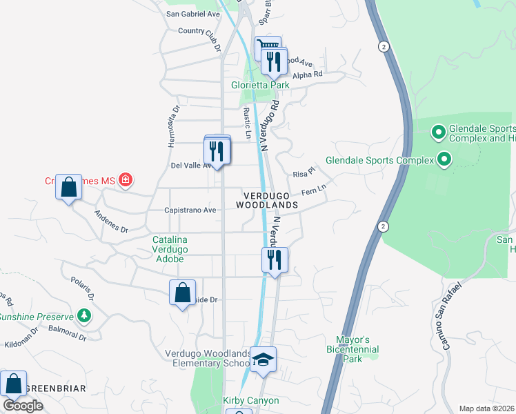 map of restaurants, bars, coffee shops, grocery stores, and more near 2400 Sylvan Lane in Glendale