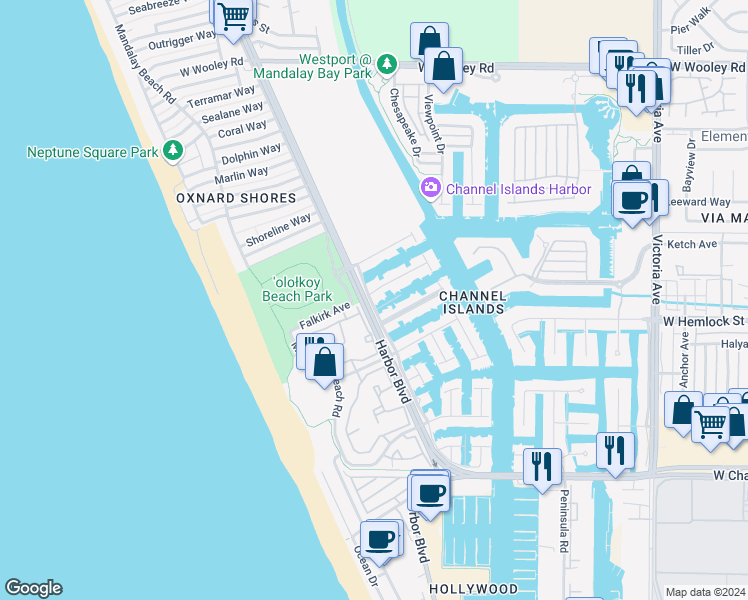 map of restaurants, bars, coffee shops, grocery stores, and more near 4624 Falkirk Bay in Oxnard