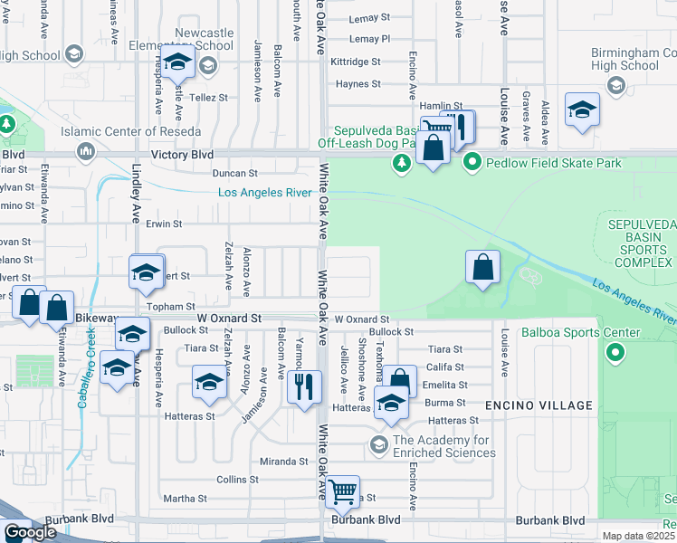 map of restaurants, bars, coffee shops, grocery stores, and more near 17643 Calvert Street in Los Angeles