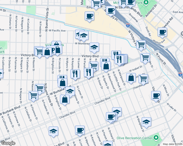 map of restaurants, bars, coffee shops, grocery stores, and more near 1010 North Orchard Drive in Burbank