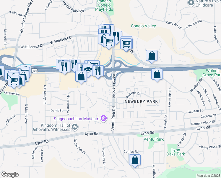 map of restaurants, bars, coffee shops, grocery stores, and more near 1521 Silver Shadow Drive in Thousand Oaks