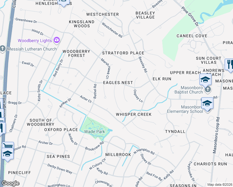 map of restaurants, bars, coffee shops, grocery stores, and more near 3423 Sparrow Hawk Court in Wilmington