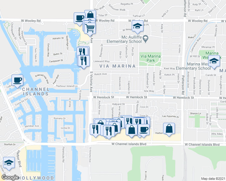 map of restaurants, bars, coffee shops, grocery stores, and more near 1904 Fisher Drive in Oxnard