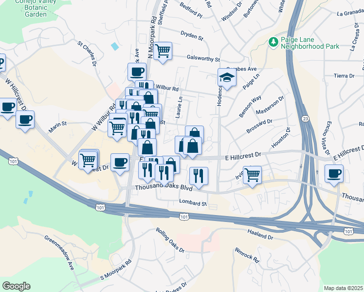 map of restaurants, bars, coffee shops, grocery stores, and more near 275 East Hillcrest Drive in Thousand Oaks