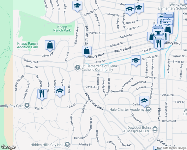 map of restaurants, bars, coffee shops, grocery stores, and more near 24221 Bessemer Street in Los Angeles