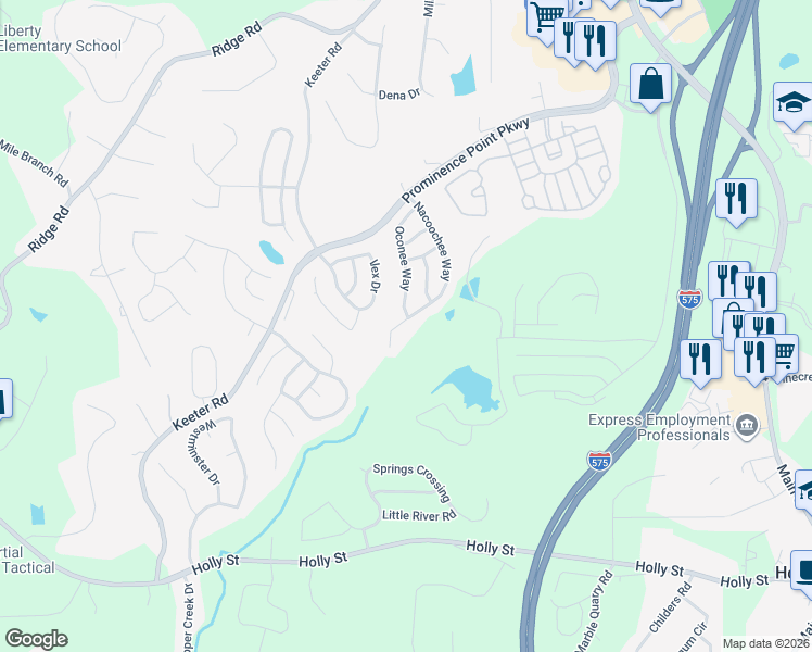 map of restaurants, bars, coffee shops, grocery stores, and more near 189 Nacoochee Way in Canton