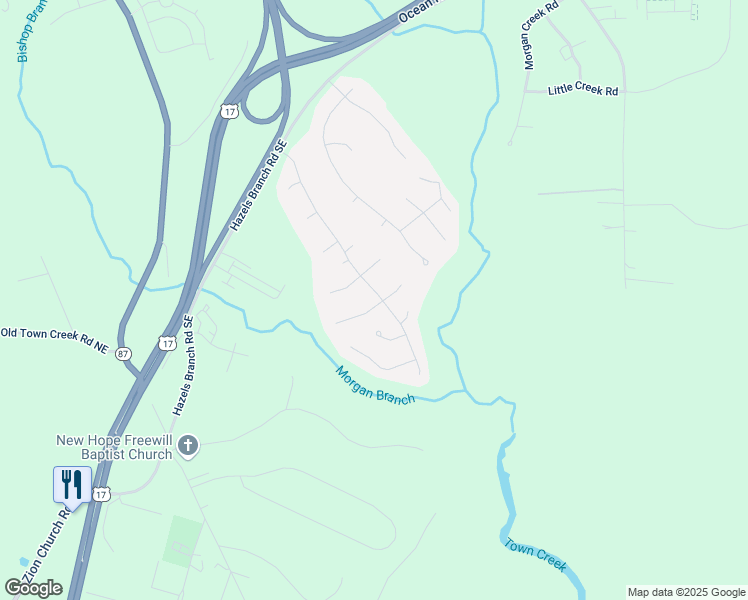map of restaurants, bars, coffee shops, grocery stores, and more near 87 Stoney Creek Lane South East in Leland
