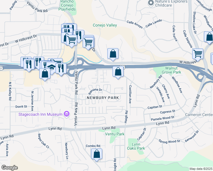 map of restaurants, bars, coffee shops, grocery stores, and more near 1209 Ramona Drive in Thousand Oaks