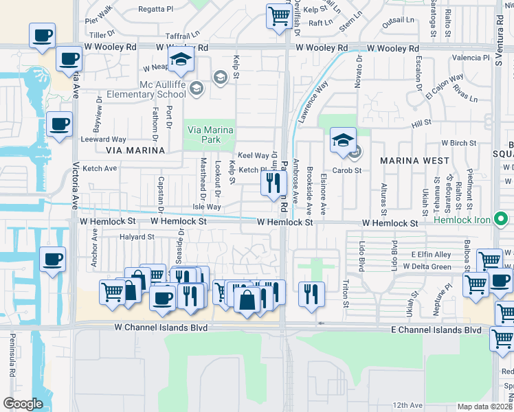 map of restaurants, bars, coffee shops, grocery stores, and more near 3000 Isle Way in Oxnard