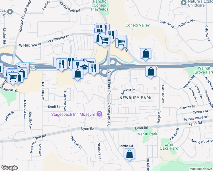 map of restaurants, bars, coffee shops, grocery stores, and more near 1521 Ventu Park Road in Thousand Oaks