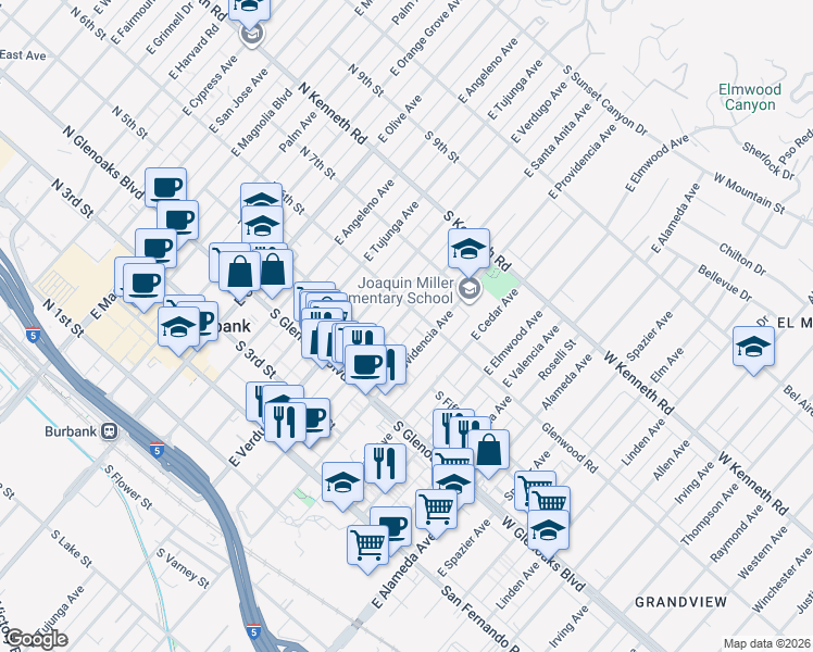 map of restaurants, bars, coffee shops, grocery stores, and more near 550 East Santa Anita Avenue in Burbank
