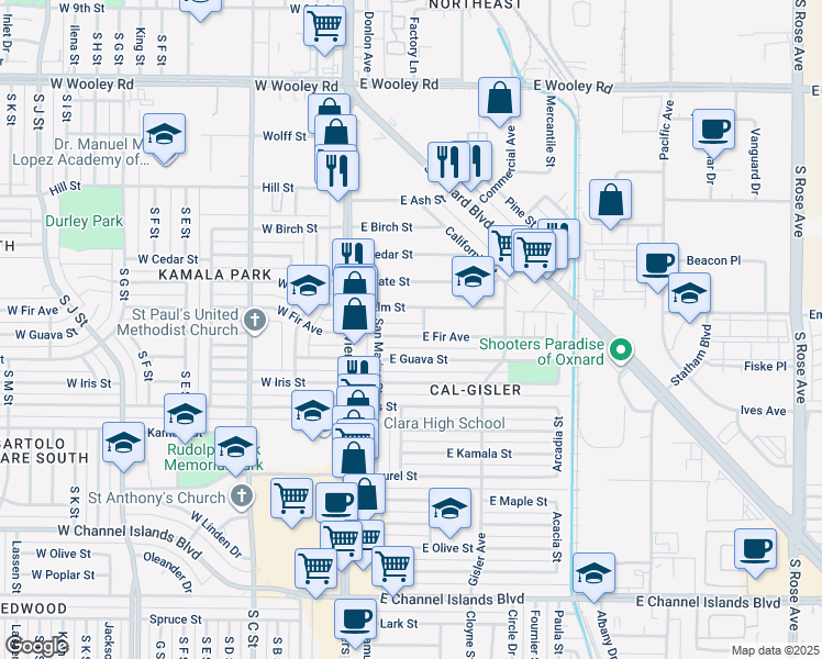 map of restaurants, bars, coffee shops, grocery stores, and more near 255 East Fir Avenue in Oxnard