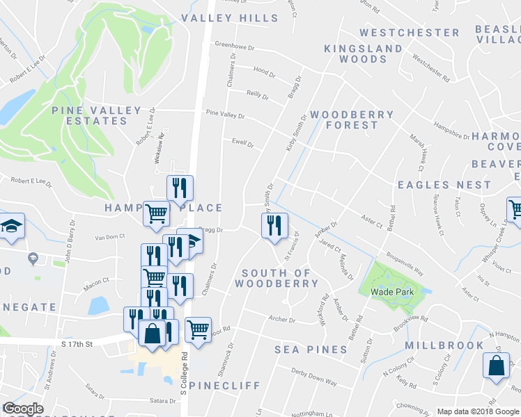 map of restaurants, bars, coffee shops, grocery stores, and more near 3508 Kirby Smith Drive in Wilmington