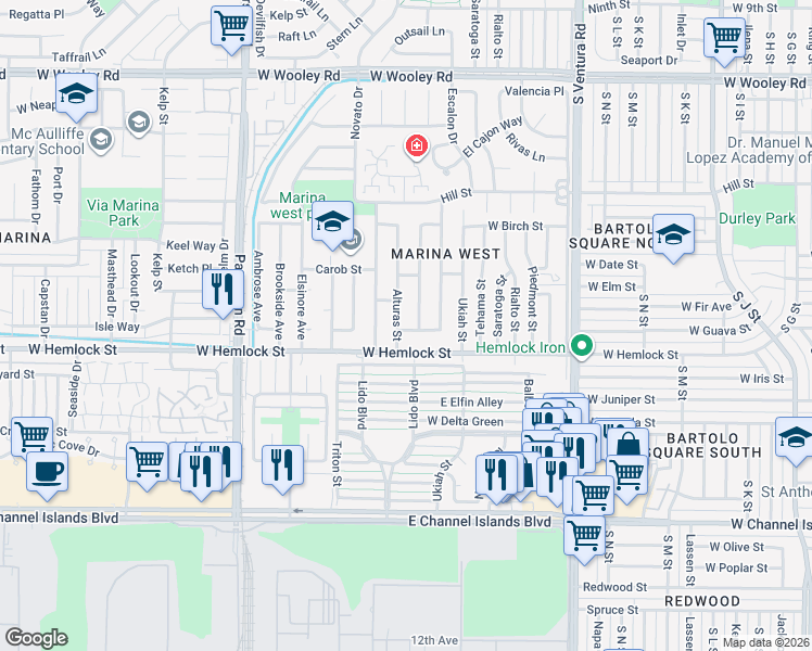map of restaurants, bars, coffee shops, grocery stores, and more near 2131 Geneva Way in Oxnard