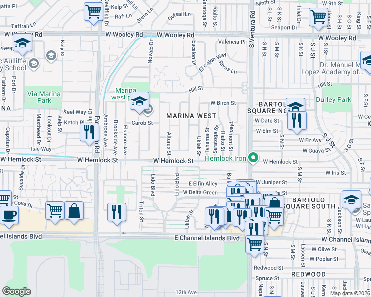 map of restaurants, bars, coffee shops, grocery stores, and more near 2001 Geneva Way in Oxnard