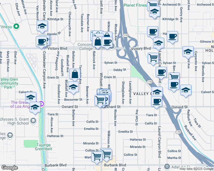 map of restaurants, bars, coffee shops, grocery stores, and more near 6124 Wilkinson Avenue in Los Angeles