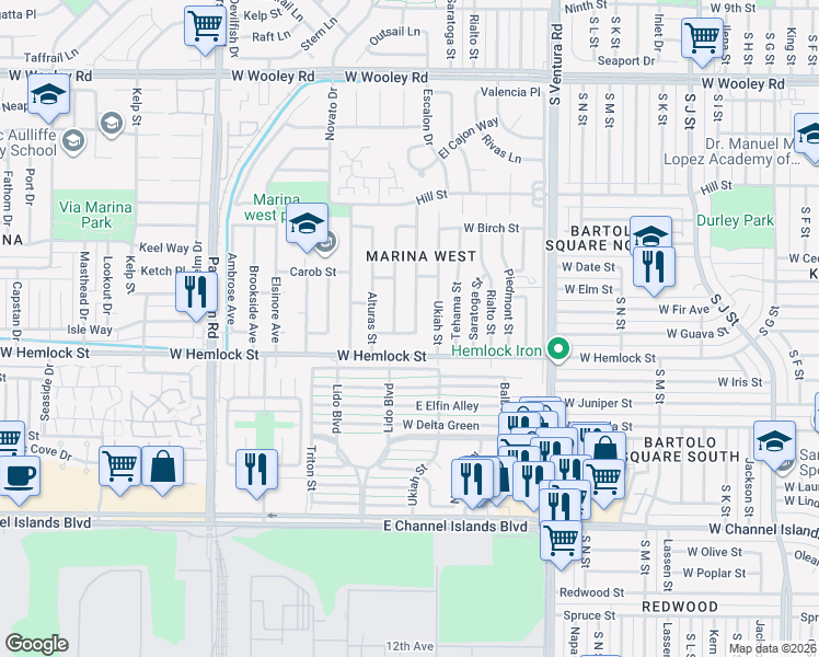 map of restaurants, bars, coffee shops, grocery stores, and more near 2001 Geneva Way in Oxnard