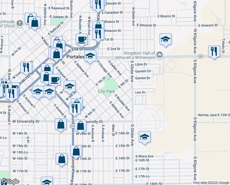 map of restaurants, bars, coffee shops, grocery stores, and more near 313 East 10th Street in Portales