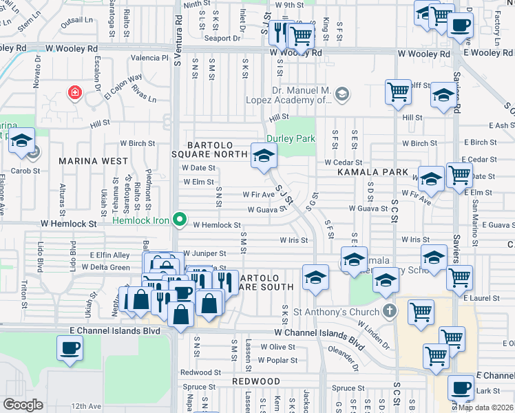 map of restaurants, bars, coffee shops, grocery stores, and more near 1133 West Guava Street in Oxnard