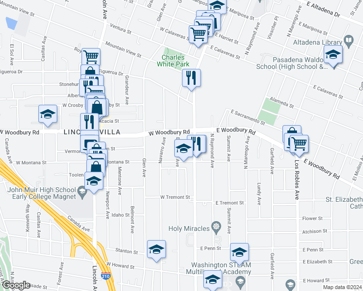 map of restaurants, bars, coffee shops, grocery stores, and more near 2112 El Sereno Avenue in Altadena