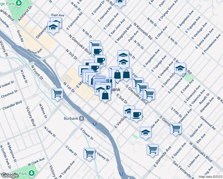 map of restaurants, bars, coffee shops, grocery stores, and more near in Burbank