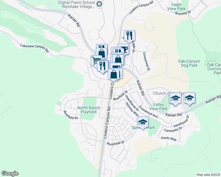 map of restaurants, bars, coffee shops, grocery stores, and more near 633 Lindero Canyon Road in Oak Park