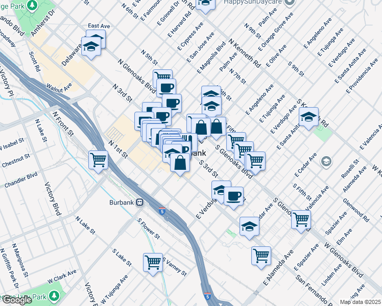 map of restaurants, bars, coffee shops, grocery stores, and more near 819 North Fairview Street in Burbank