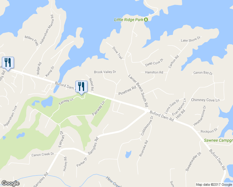 map of restaurants, bars, coffee shops, grocery stores, and more near 2104 Pinetree Road in Cumming