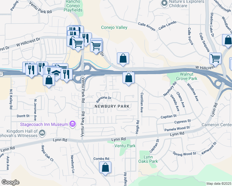 map of restaurants, bars, coffee shops, grocery stores, and more near 1209 Ramona Drive in Thousand Oaks