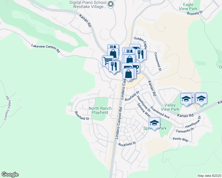 map of restaurants, bars, coffee shops, grocery stores, and more near 5748 Whispering Pines Circle in Westlake Village
