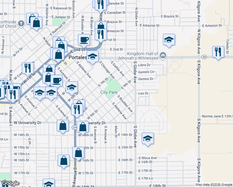 map of restaurants, bars, coffee shops, grocery stores, and more near 313 East 10th Street in Portales