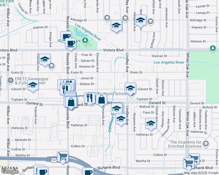 map of restaurants, bars, coffee shops, grocery stores, and more near 18211 Calvert Street in Los Angeles