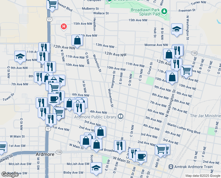 map of restaurants, bars, coffee shops, grocery stores, and more near 525 7th Avenue Northwest in Ardmore