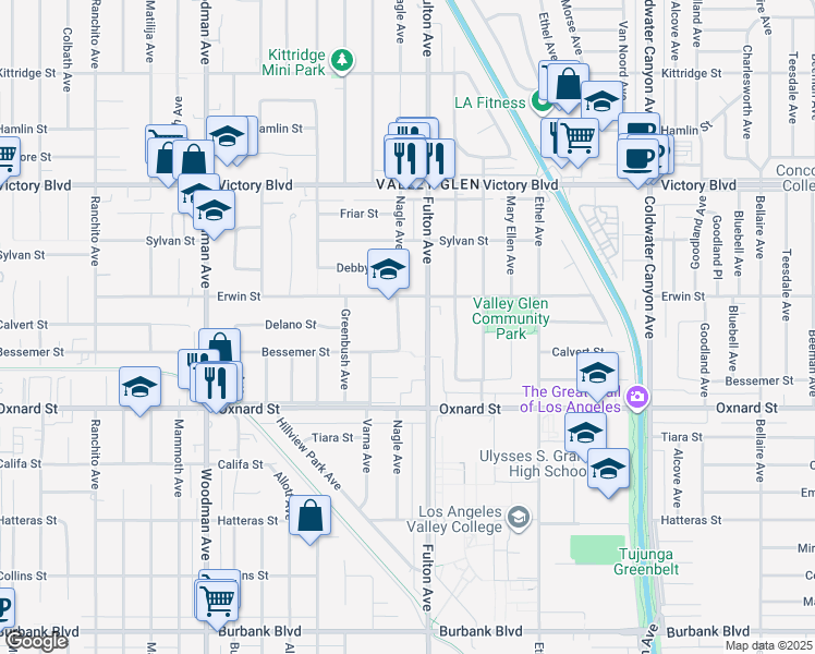 map of restaurants, bars, coffee shops, grocery stores, and more near 6130 Nagle Avenue in Los Angeles