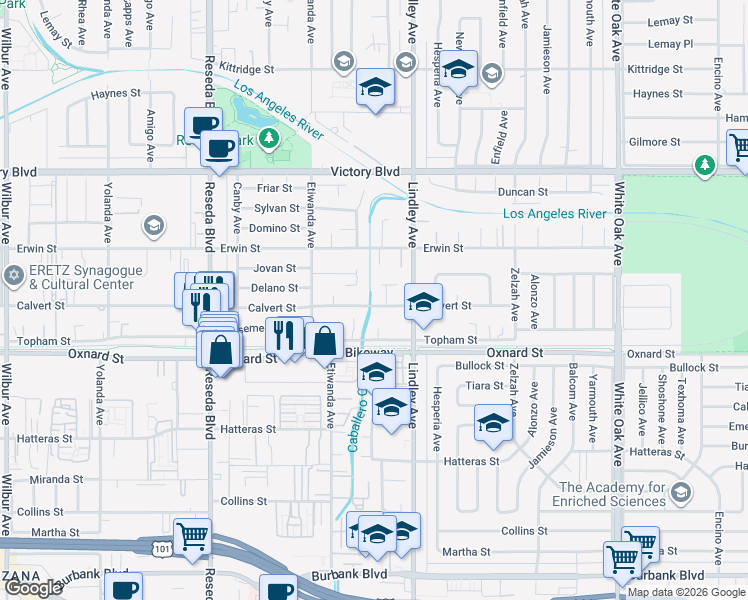 map of restaurants, bars, coffee shops, grocery stores, and more near 18149 Calvert Street in Los Angeles