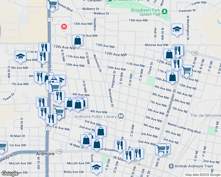 map of restaurants, bars, coffee shops, grocery stores, and more near 525 7th Avenue Northwest in Ardmore