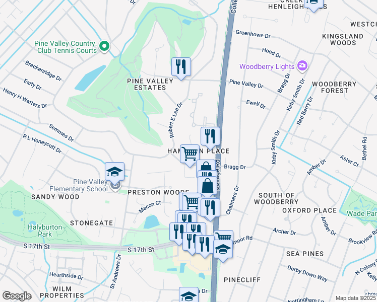 map of restaurants, bars, coffee shops, grocery stores, and more near 3429 Regency Drive in Wilmington