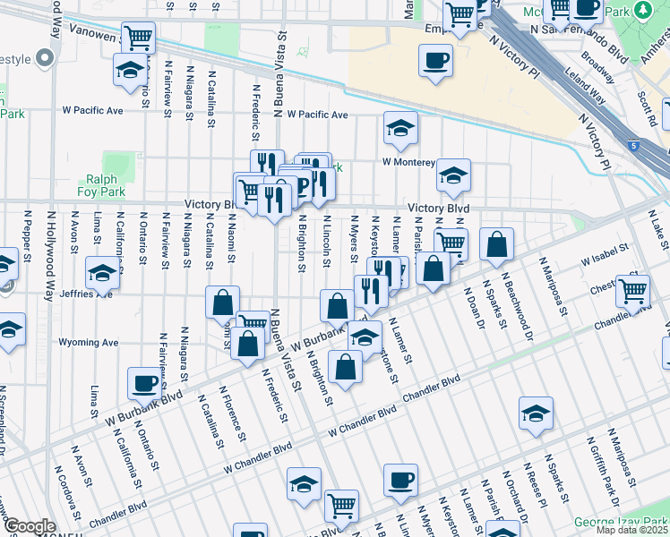 map of restaurants, bars, coffee shops, grocery stores, and more near 1332 North Lincoln Street in Burbank