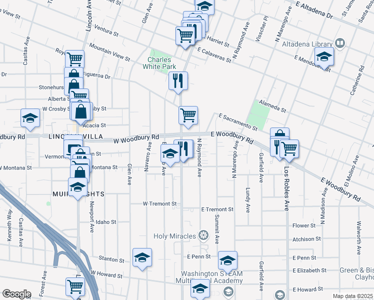 map of restaurants, bars, coffee shops, grocery stores, and more near 2100 North Fair Oaks Avenue in Altadena