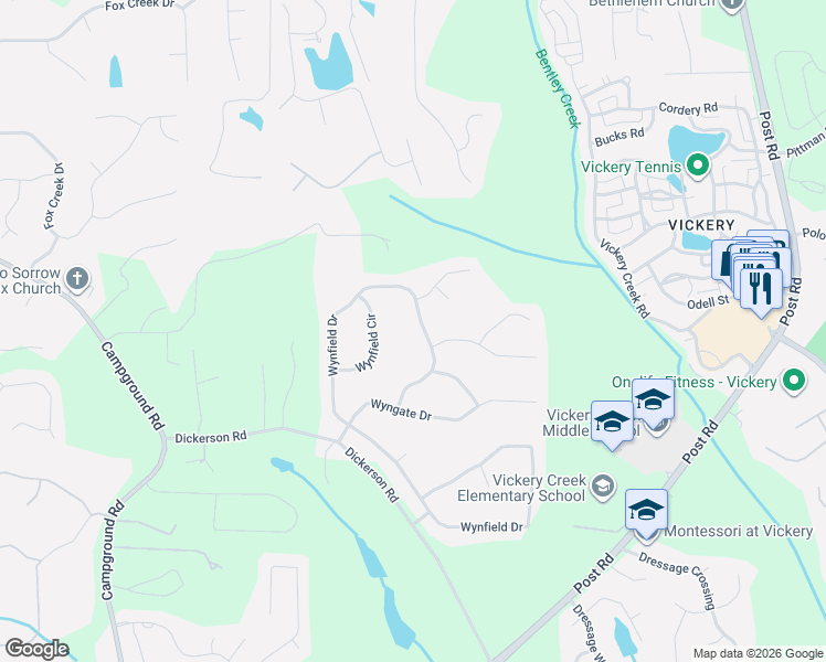 map of restaurants, bars, coffee shops, grocery stores, and more near 8040 Wynfield Drive in Cumming