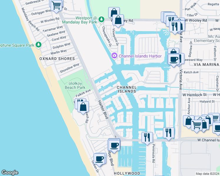 map of restaurants, bars, coffee shops, grocery stores, and more near 4511 Gateshead Bay in Oxnard