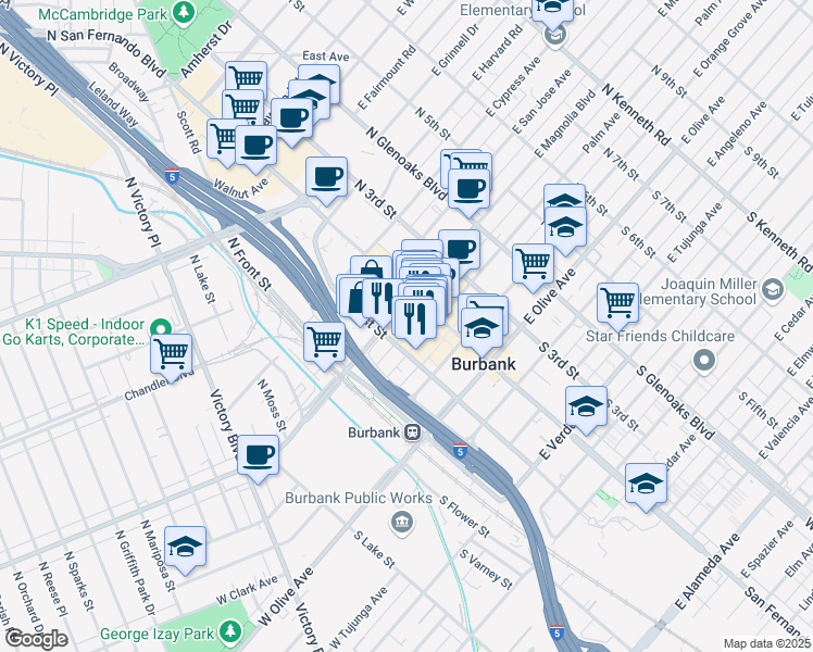 map of restaurants, bars, coffee shops, grocery stores, and more near 201 East Magnolia Boulevard in Burbank