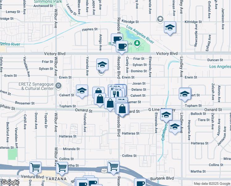 map of restaurants, bars, coffee shops, grocery stores, and more near 6151 Reseda Boulevard in Los Angeles