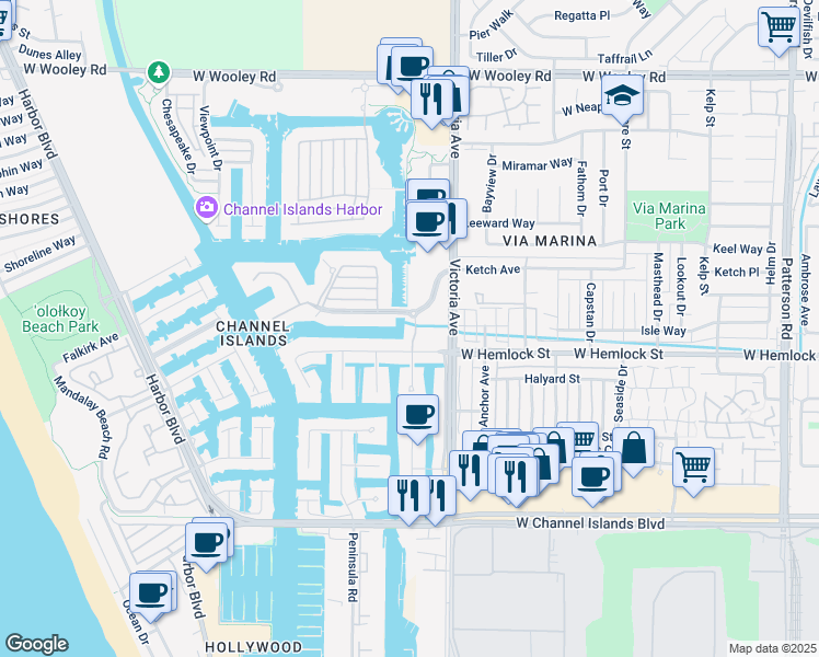 map of restaurants, bars, coffee shops, grocery stores, and more near 3907 West Hemlock Street in Oxnard