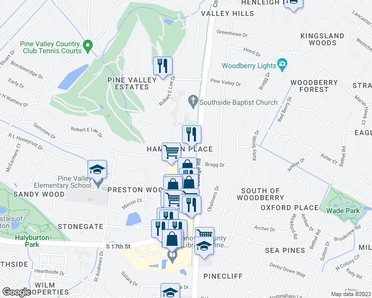 map of restaurants, bars, coffee shops, grocery stores, and more near 731 Sovereign Place in Wilmington